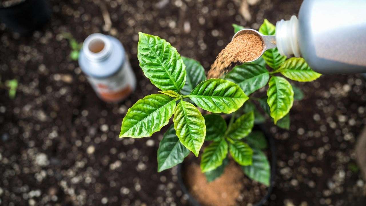 Fertilising coffee plant houseplant with balanced liquid fertiliser for healthy leaves and beans