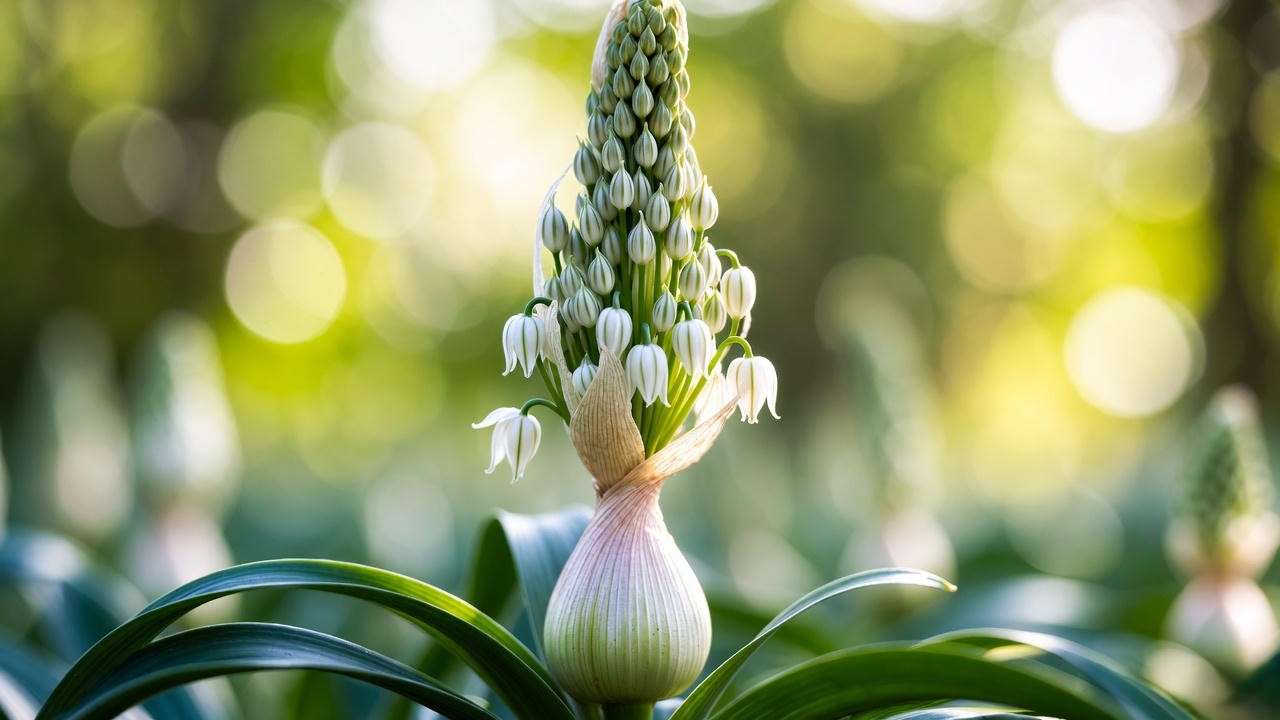 Pregnant onion plant (Albuca bracteata) in full flower with fragrant blooming spike