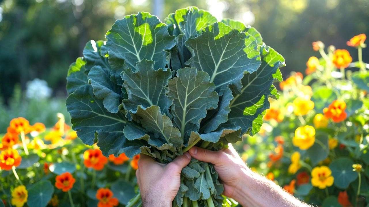 Massive pest-free collard harvest grown with companion planting of nasturtiums and marigolds