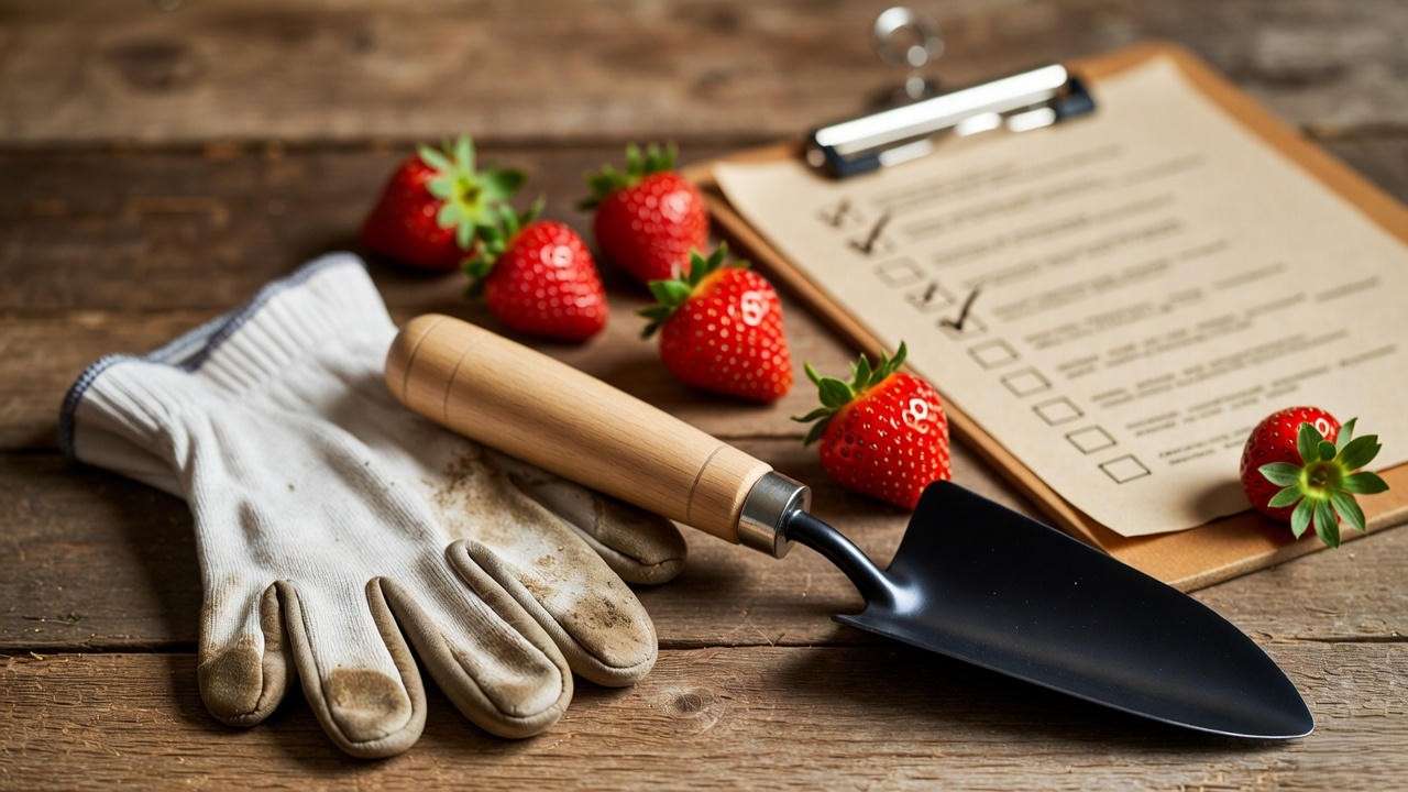 Strawberry transplanting checklist with tools and fresh berries