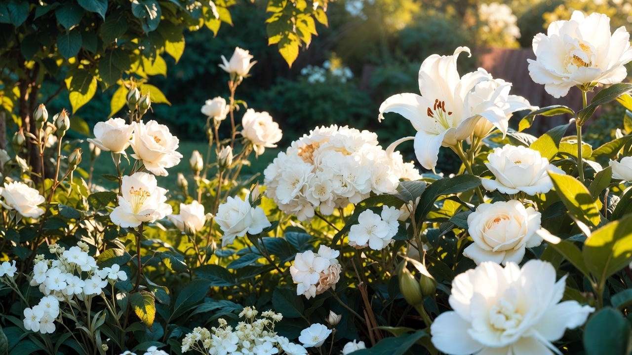Serene garden filled with stunning white flowers in golden hour light