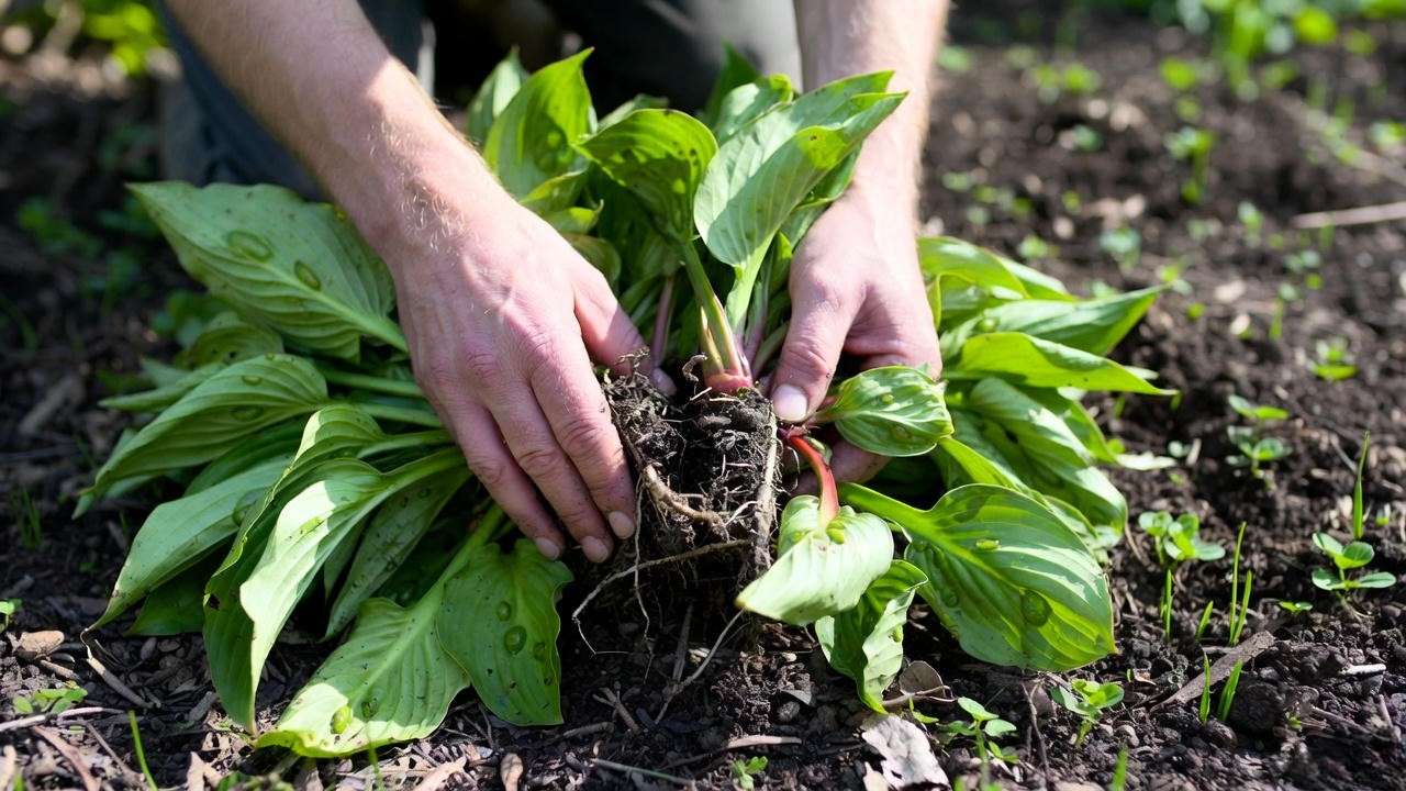 Fire Island hosta growing successfully in container with cascading companions