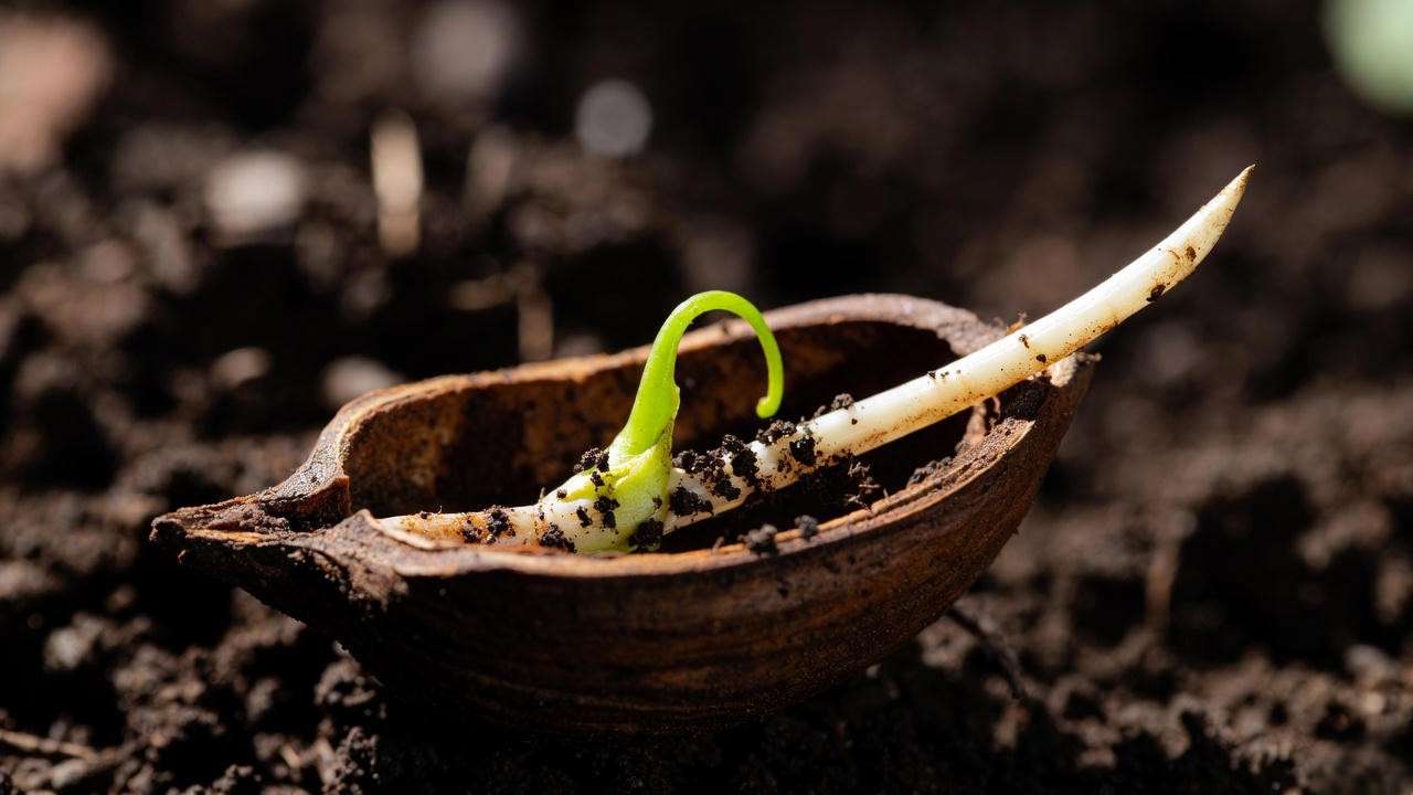 Magnolia seed germination stage showing white radicle root emerging from seed coat