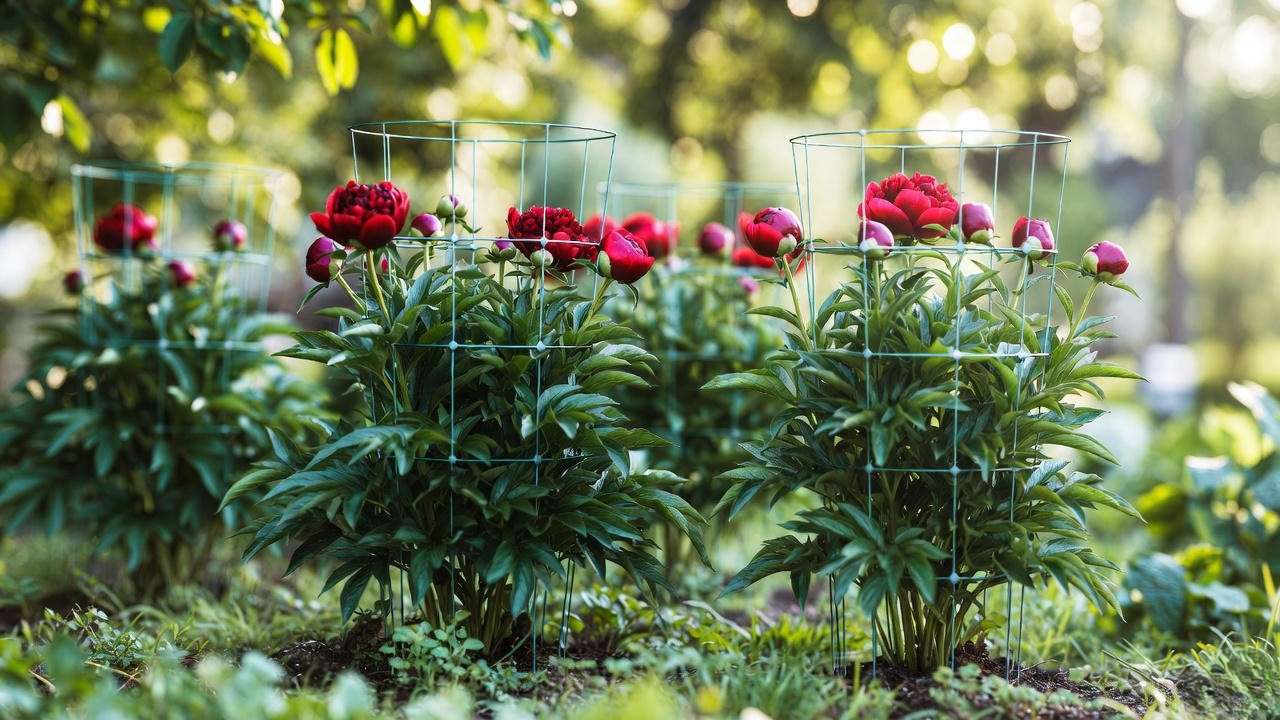 Red Charm peony plants properly supported with grow-through hoops to prevent flopping