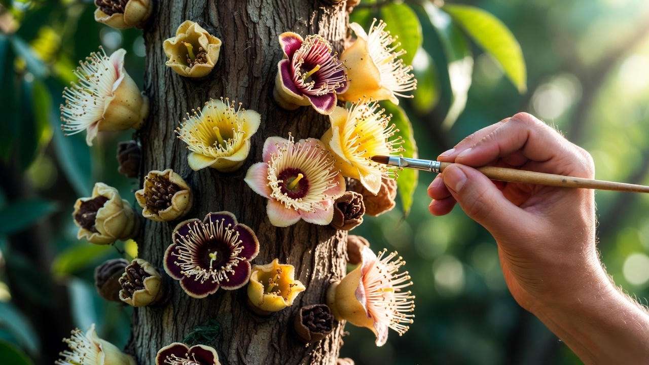 Hand-pollinating cupuaçu flowers on trunk for successful fruit set