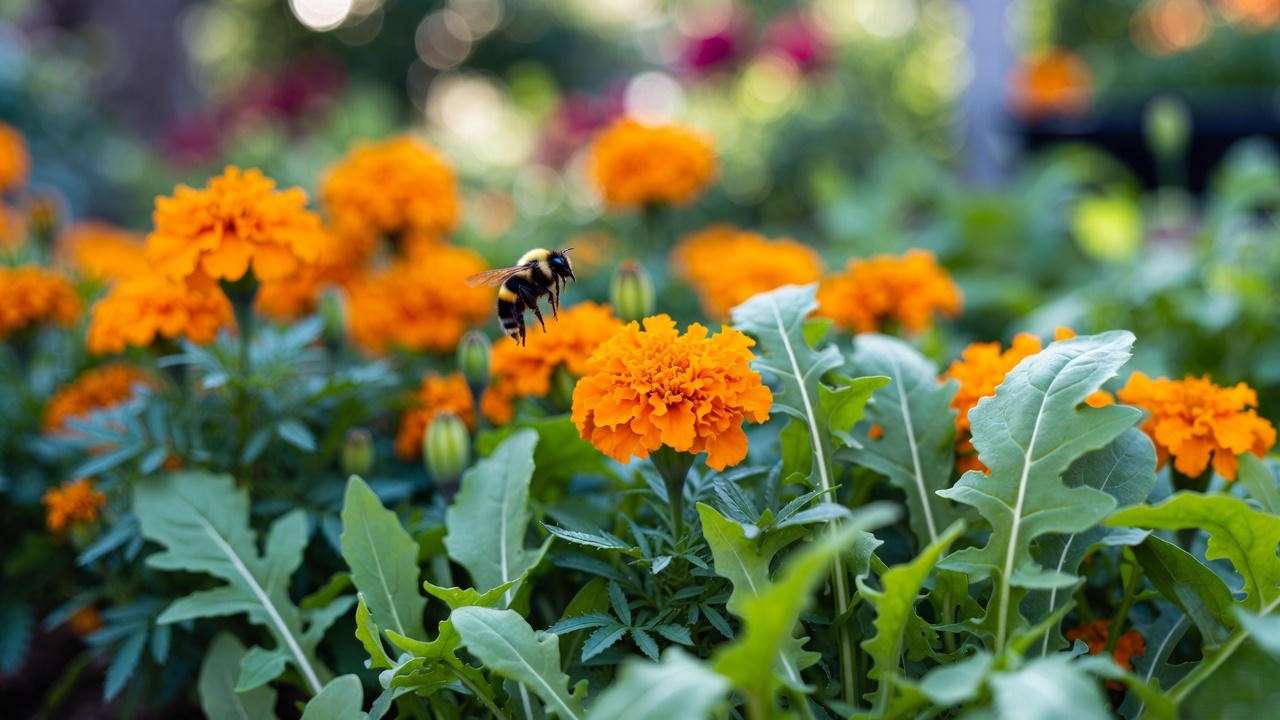 French marigolds controlling nematodes and beautifying arugula bed