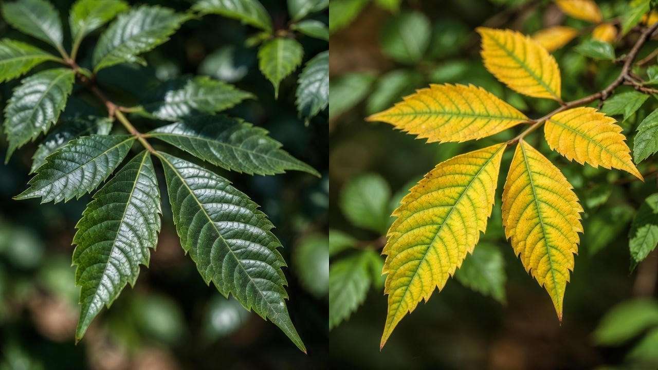 Iron chlorosis vs healthy plum tree leaves in Colorado Springs alkaline soil