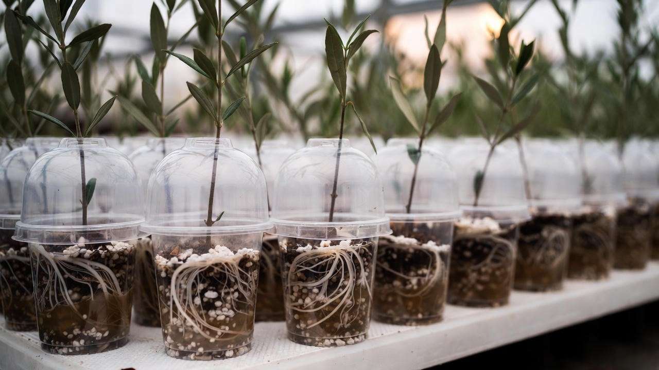 Olive cuttings rooting successfully in perlite with visible white roots