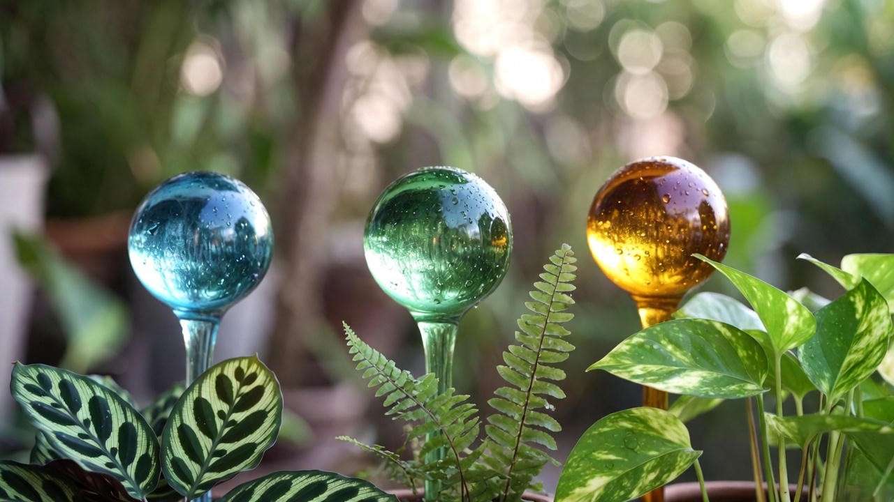 Decorative glass watering globes in use with houseplants