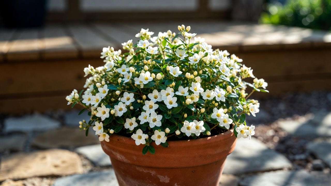 Eternal Fragrance Daphne thriving and blooming heavily in a container