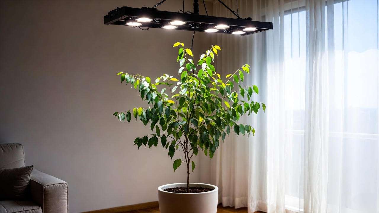 Thriving honey eucalyptus plant grown indoors with grow light