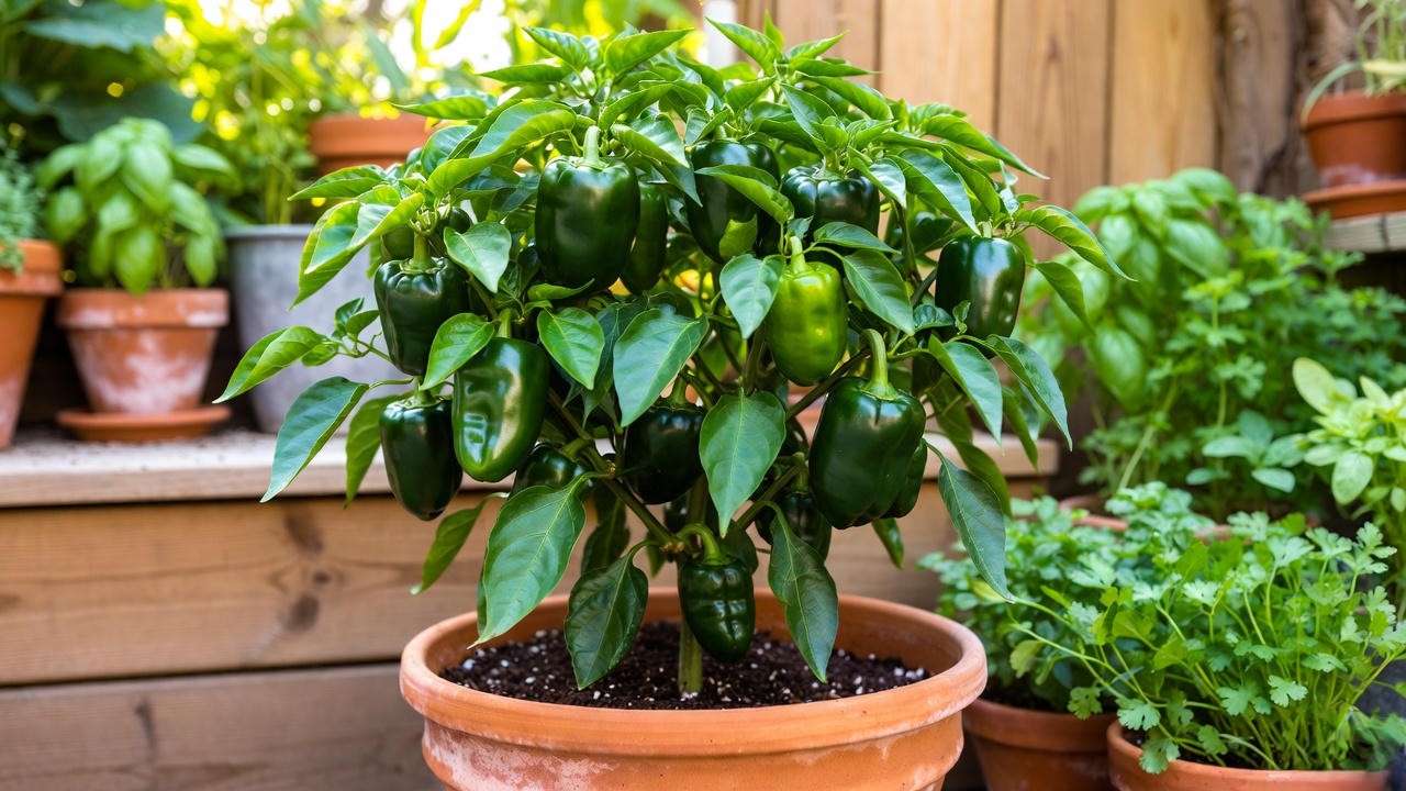 Poblano pepper plant thriving in a large container on a patio
