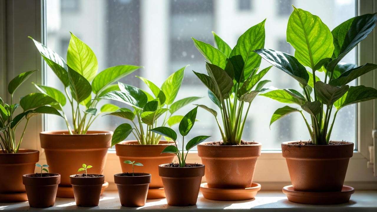 Timeline of potted houseplant growth stages from seedling to mature monstera and pothos in pots