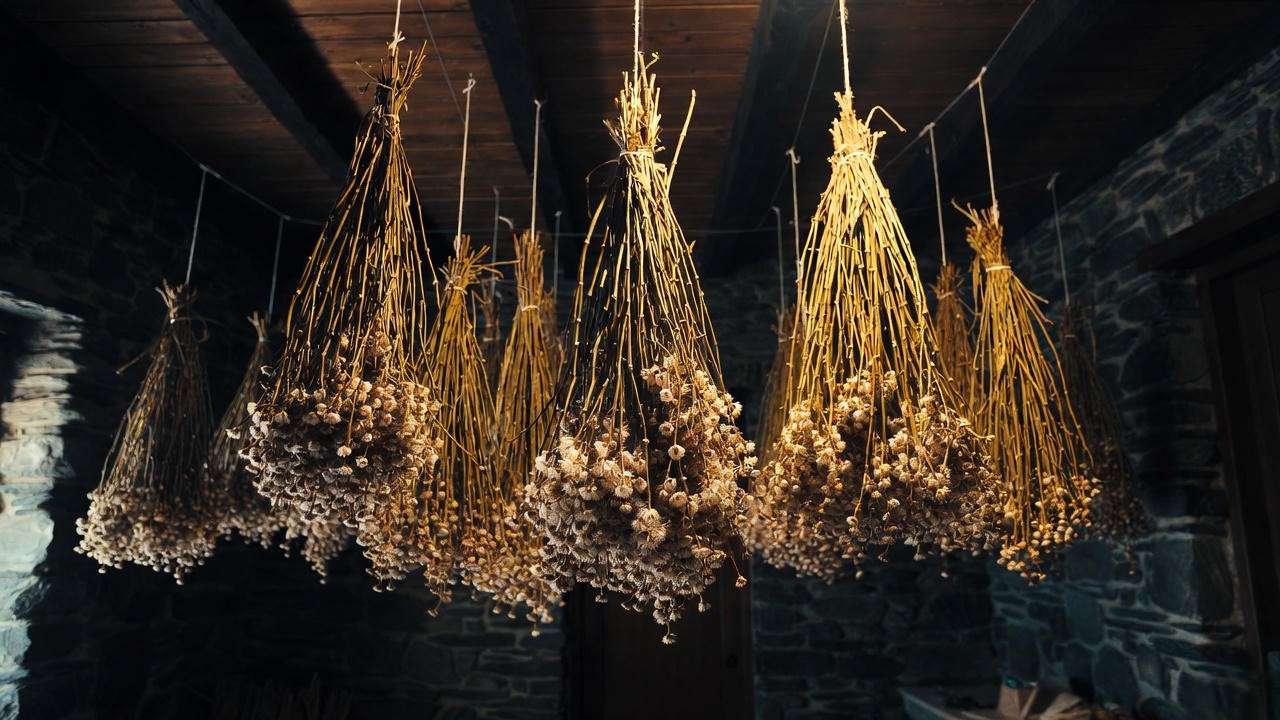 Traditional drying of freshly harvested Greek mountain tea stems in bundles