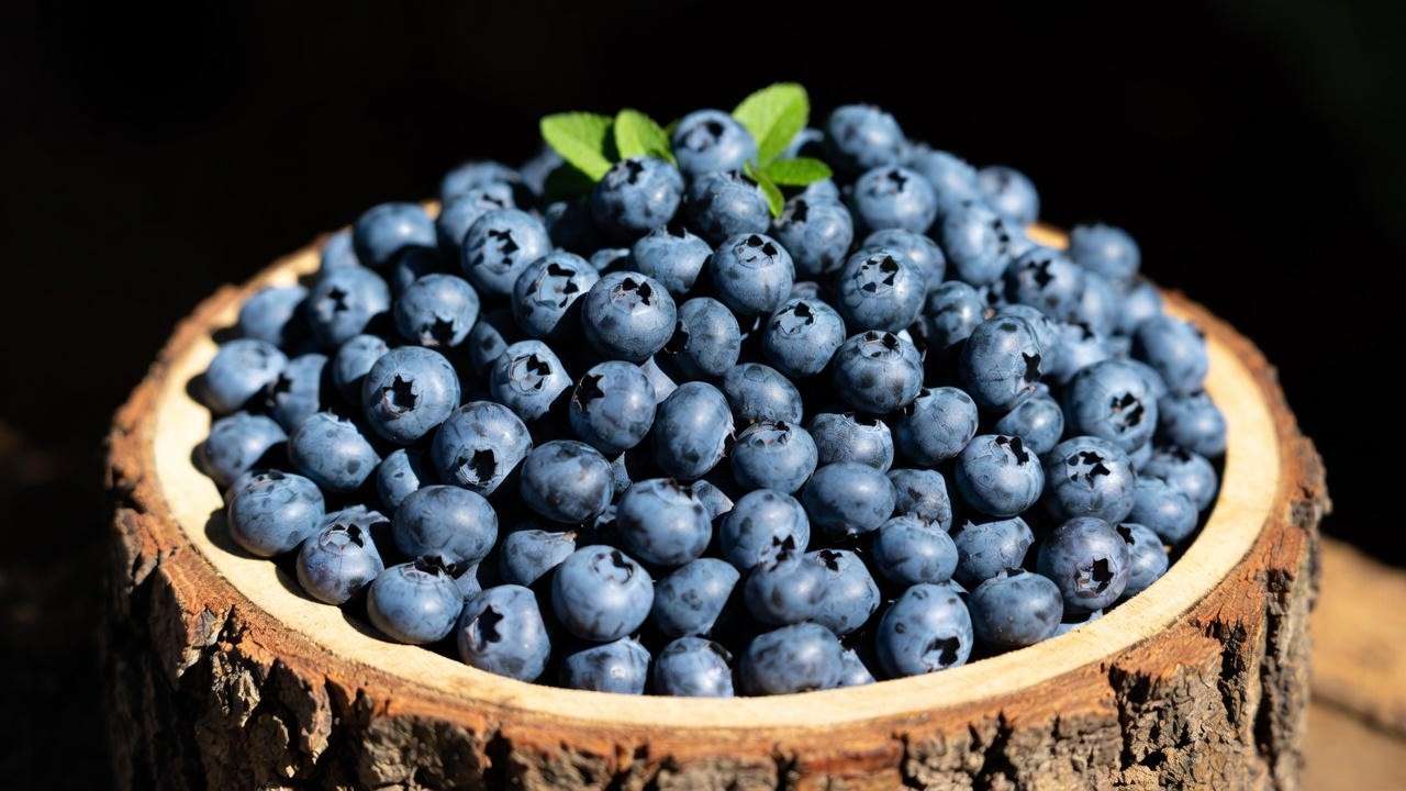 Freshly harvested Jersey blueberries in bowl – large size and perfect ripeness