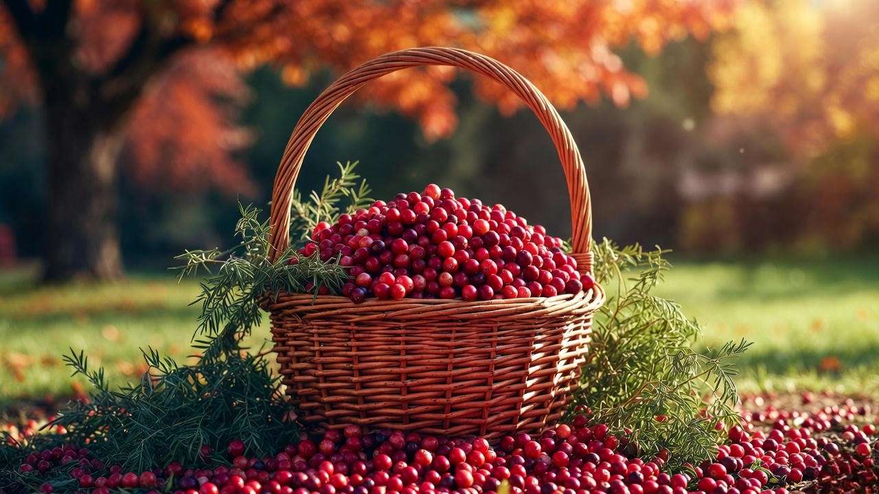 Freshly harvested homegrown cranberries in basket ready for Thanksgiving