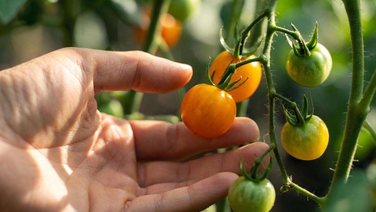 Harvesting ripe Sun Gold cherry tomatoes from the vine in the morning