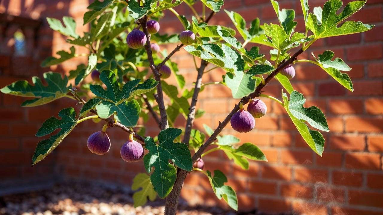 Fig tree thriving against south-facing brick wall using reflected heat for maximum growth and fruit