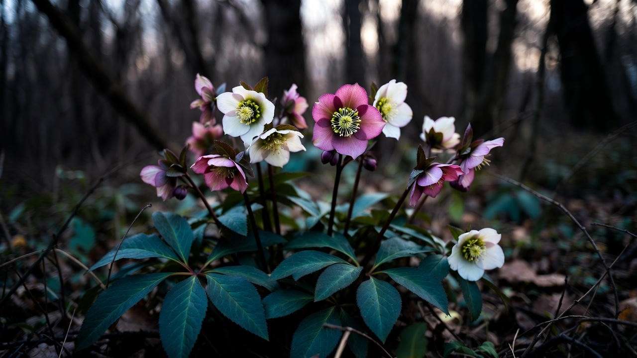 Hellebores (Lenten rose) blooming in dry shade during winter with evergreen leaves
