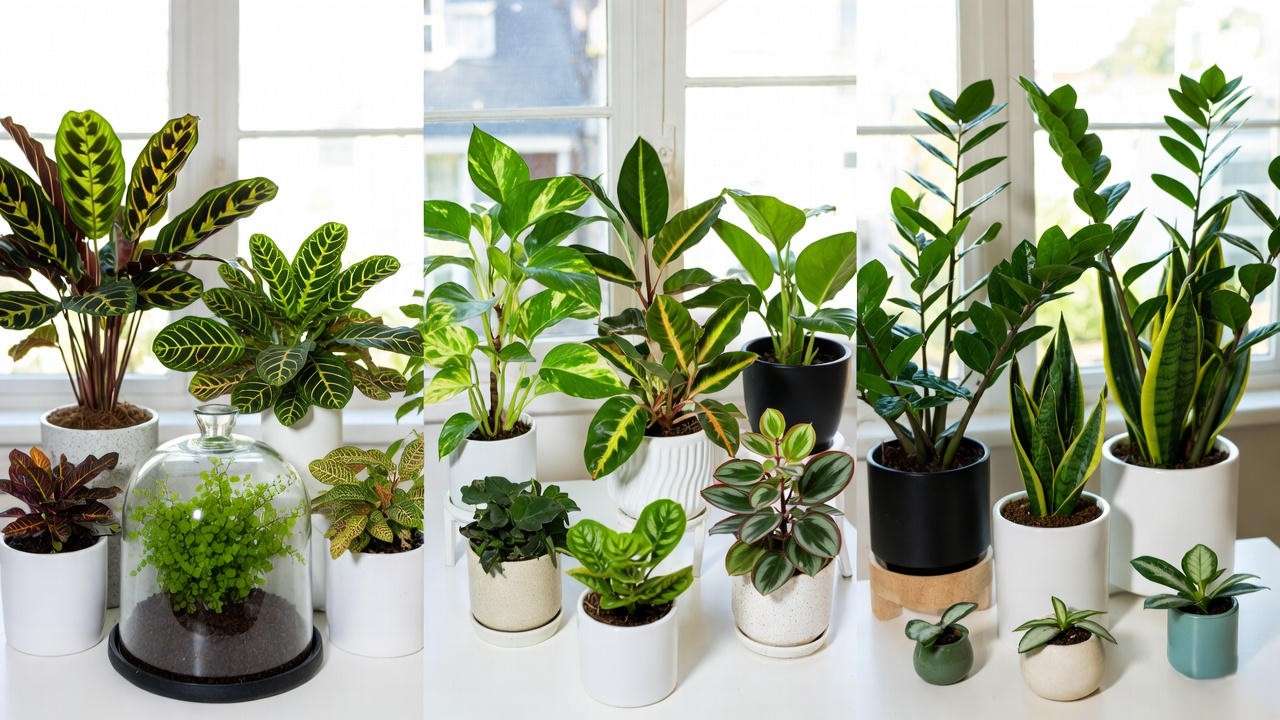 Assorted foliage plants grouped into high-humidity, medium-light, and low-maintenance care clusters