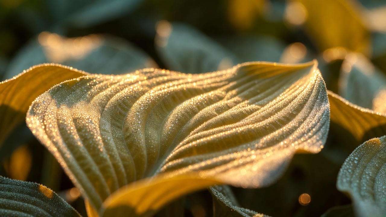 Close-up of Hosta August Moon golden corrugated leaves with dew – showing thick texture and slug resistance