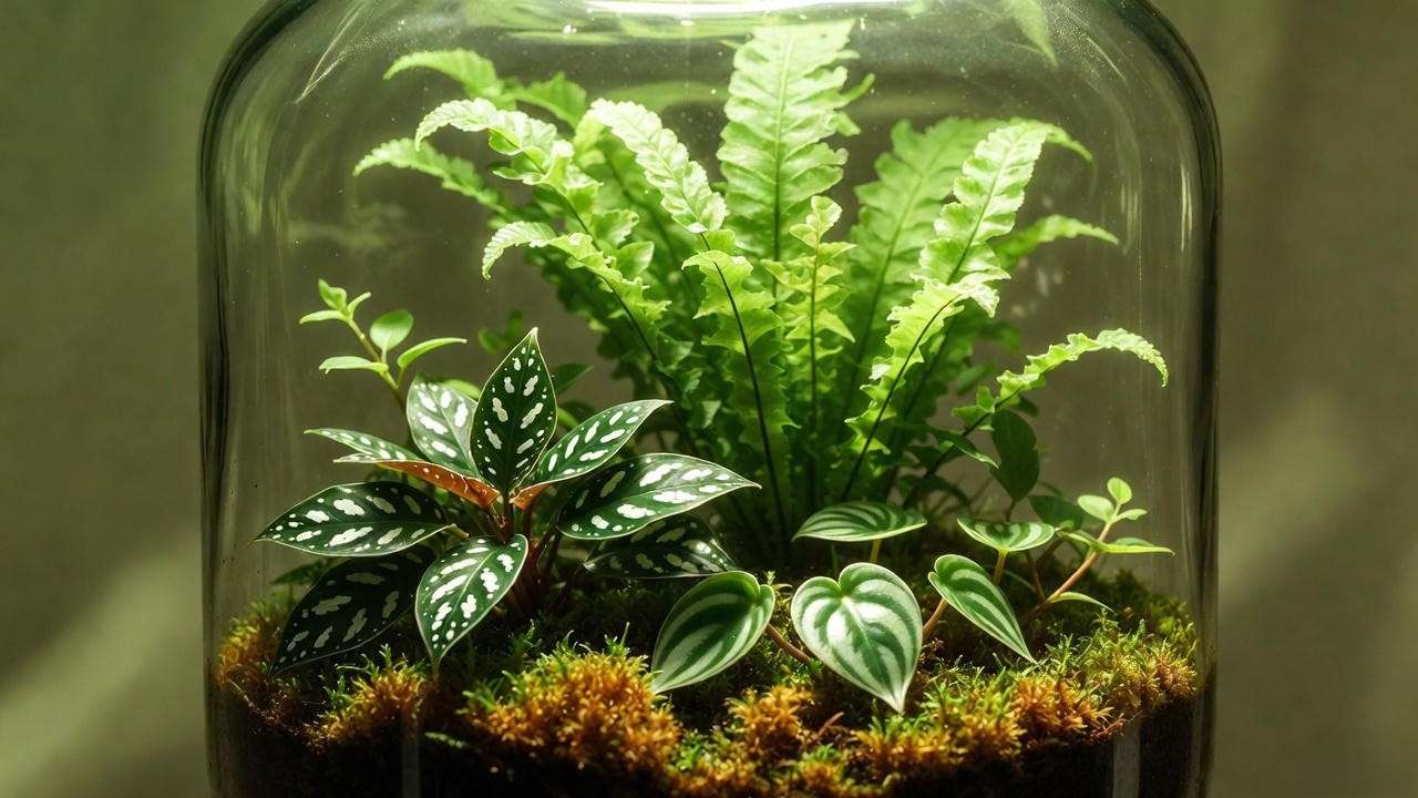 Perfect plant height layering in closed mini terrarium with dwarf ferns and trailing plants