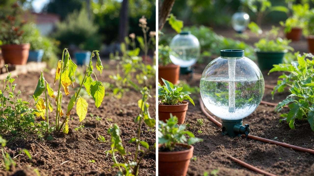 Before and after using proper watering system for potted plants