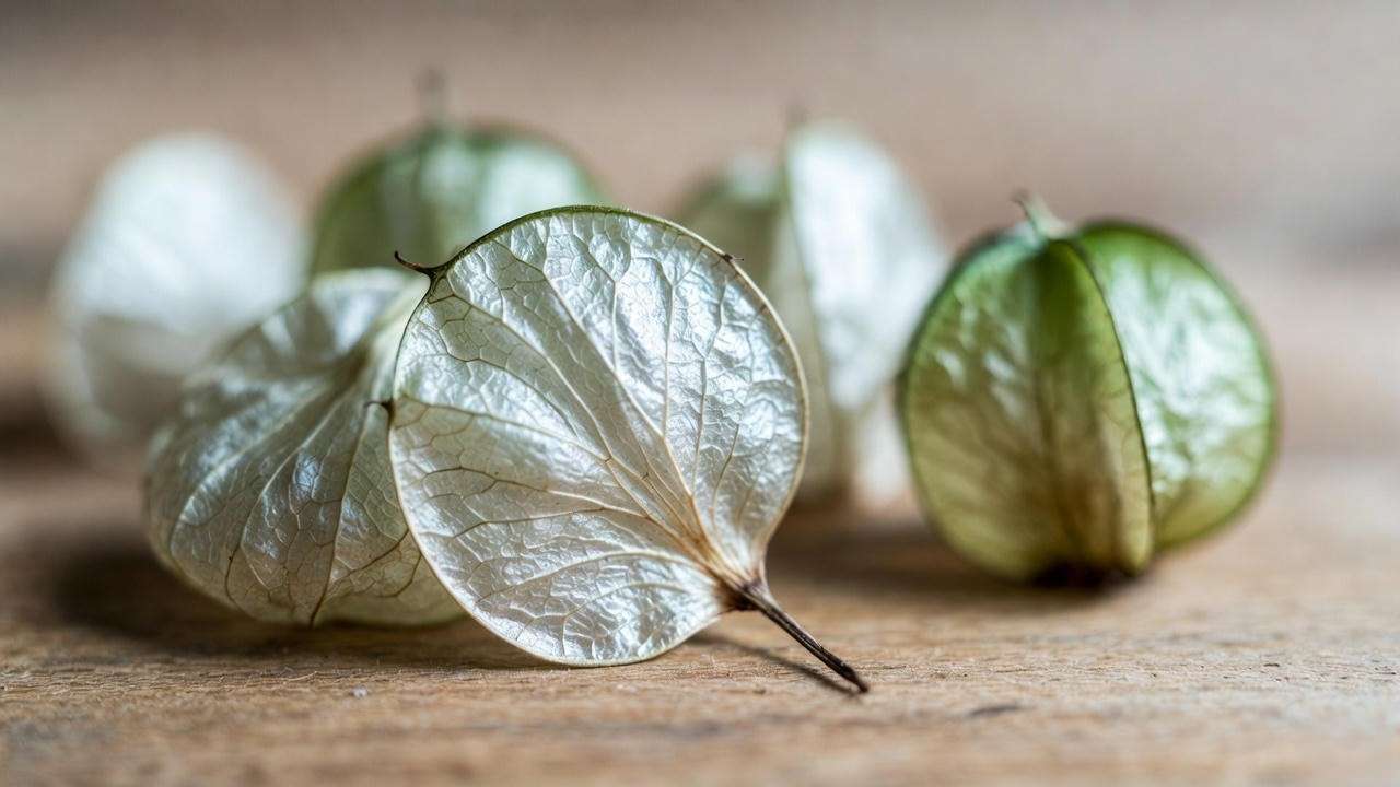 Close-up of dried silver dollar pods (Lunaria annua) showing their translucent silvery membranes