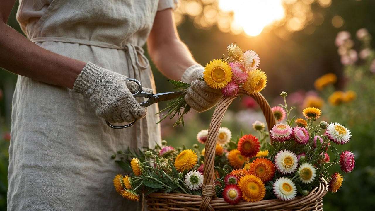 Harvesting life everlasting plant at the perfect stage for drying