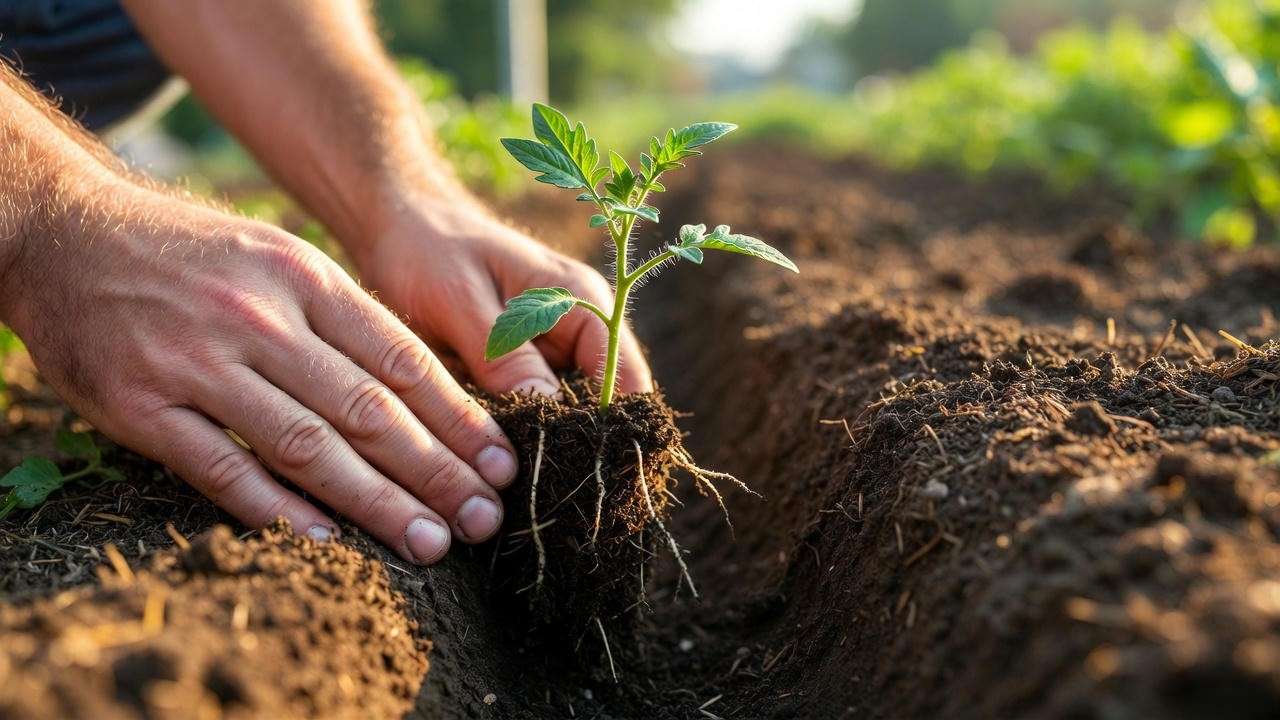 Deep trench planting technique for indeterminate tomato seedlings in garden soil