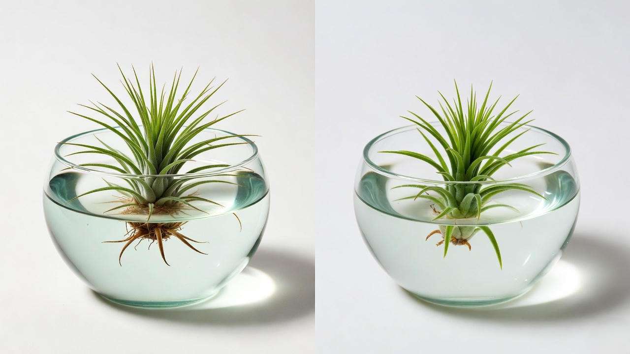 Water soak test showing real air plant darkening vs fake air plant floating unchanged