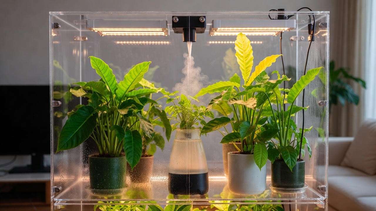 Olympia False Aralia plants thriving in high-humidity acrylic greenhouse cabinet indoors