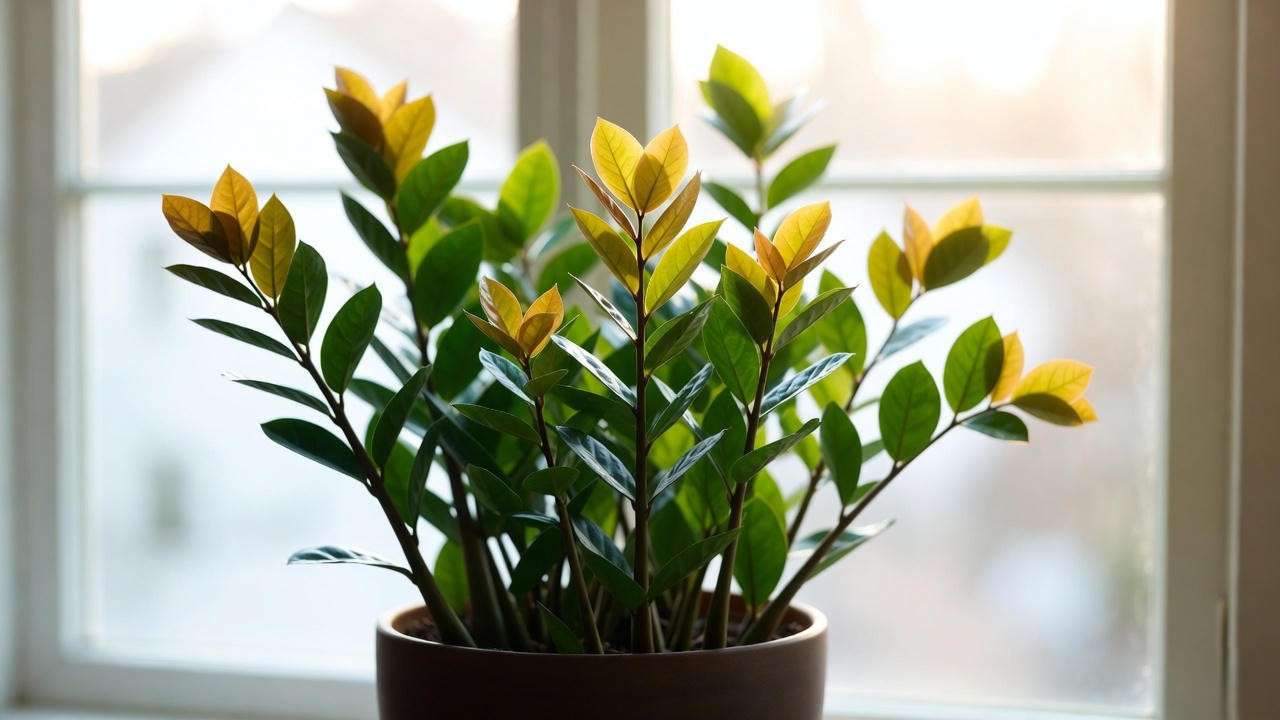 Chameleon ZZ Plant thriving in bright indirect light on windowsill with colorful new growth