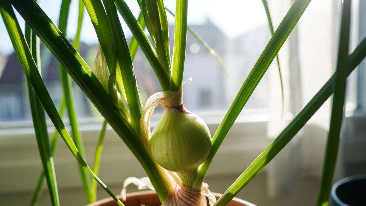 Pregnant onion plant thriving in bright indirect light on windowsill