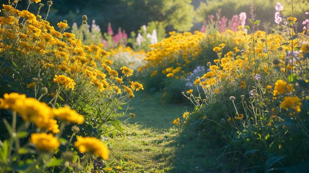 Inviting garden path lined with bright yellow perennial flowers in full summer bloom