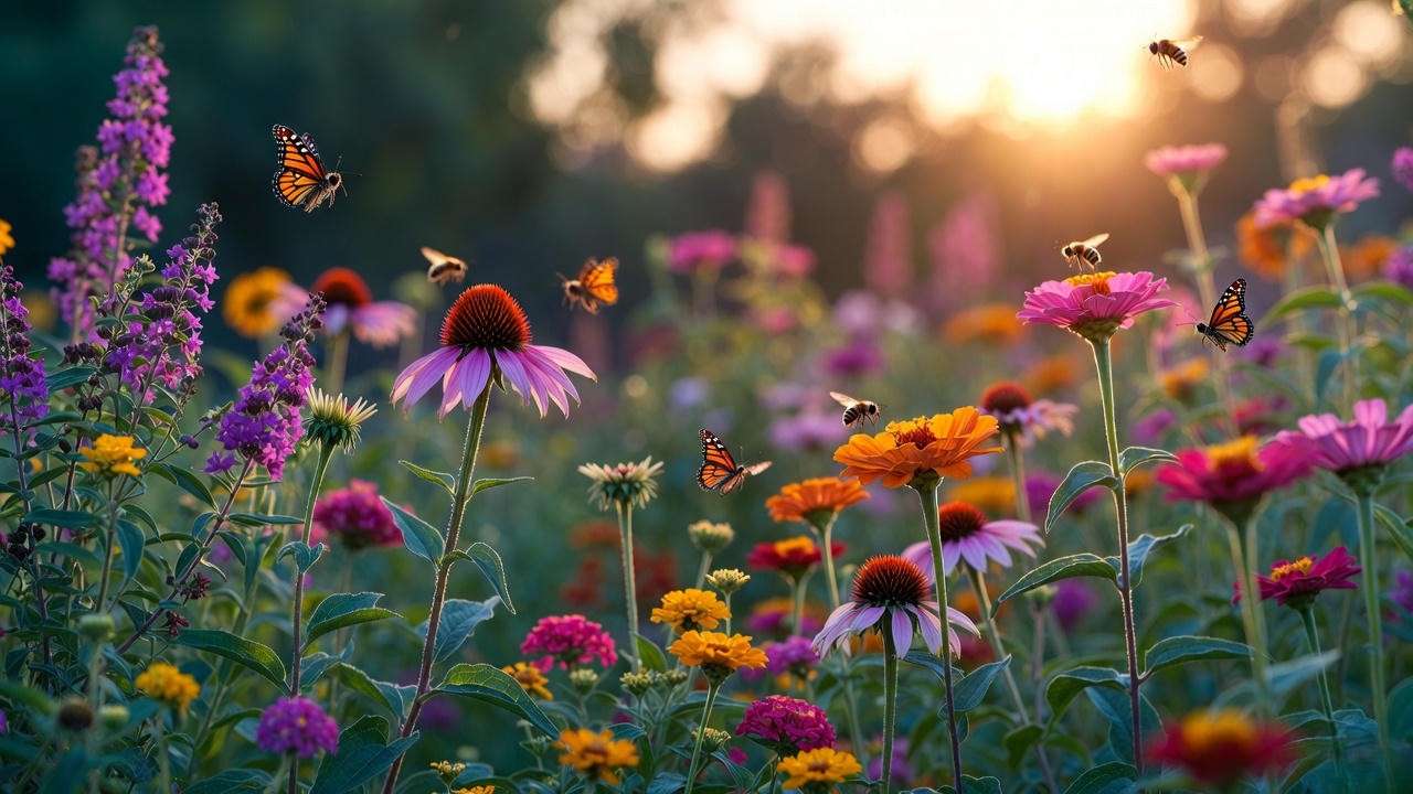 Vibrant low-maintenance summer garden in full bloom with pollinators