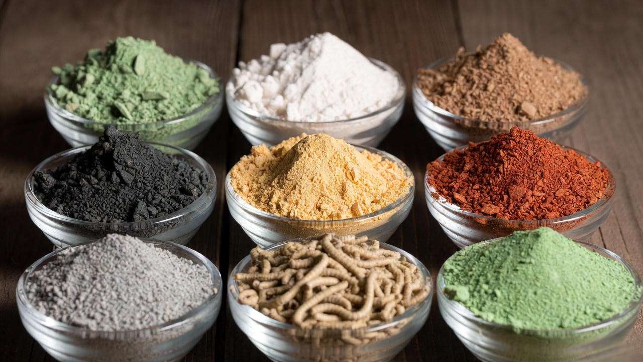 Cannabis macro and micro nutrients laid out in bowls – nitrogen phosphorus potassium calcium magnesium sulfur