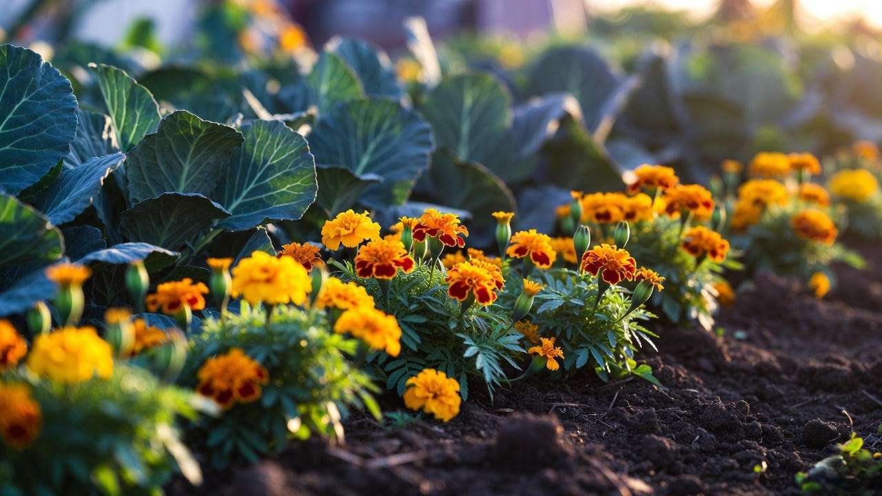French marigolds planted as living border to control root-knot nematodes around collard greens