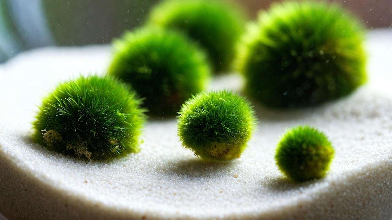 Marimo moss balls on white sand – the indestructible beginner aquarium plant