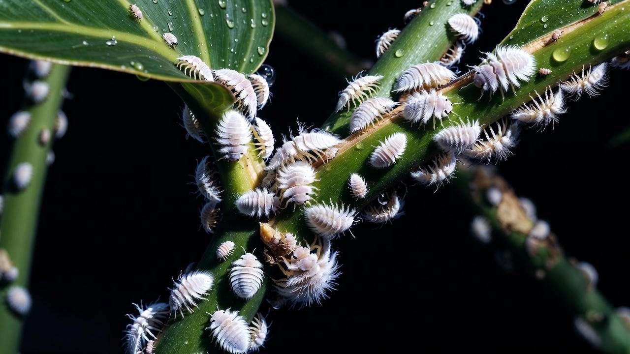 Severe mealybug infestation with cotton-like clusters on monstera leaf