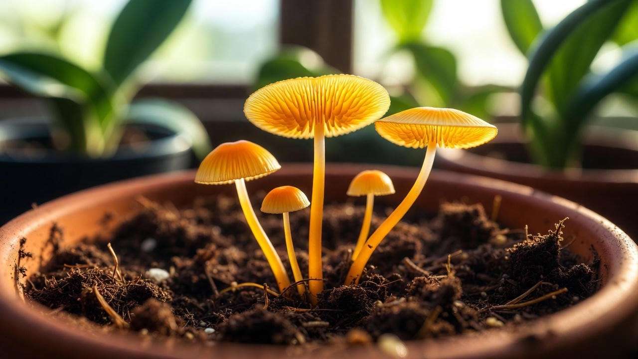 Bright yellow Leucocoprinus birnbaumii mushrooms growing in houseplant soil – the most common potted plant fungus