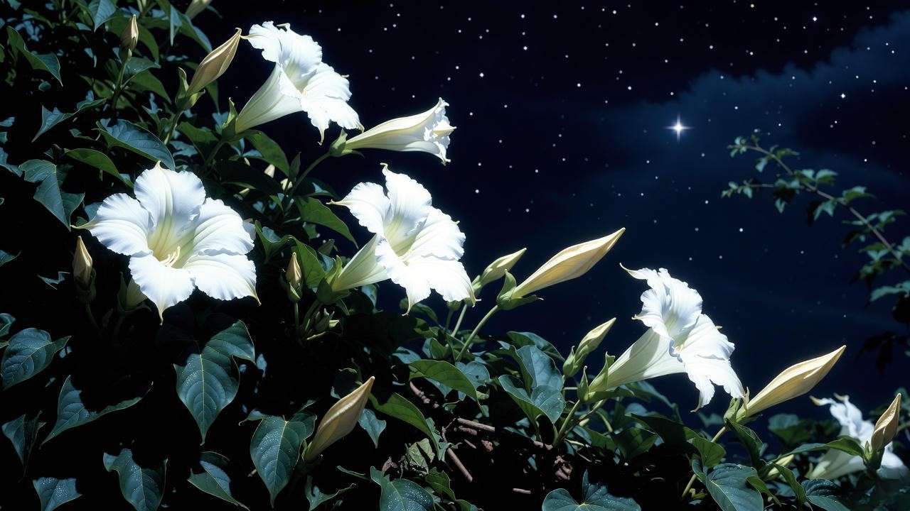 White moonflowers blooming at night under soft moonlight