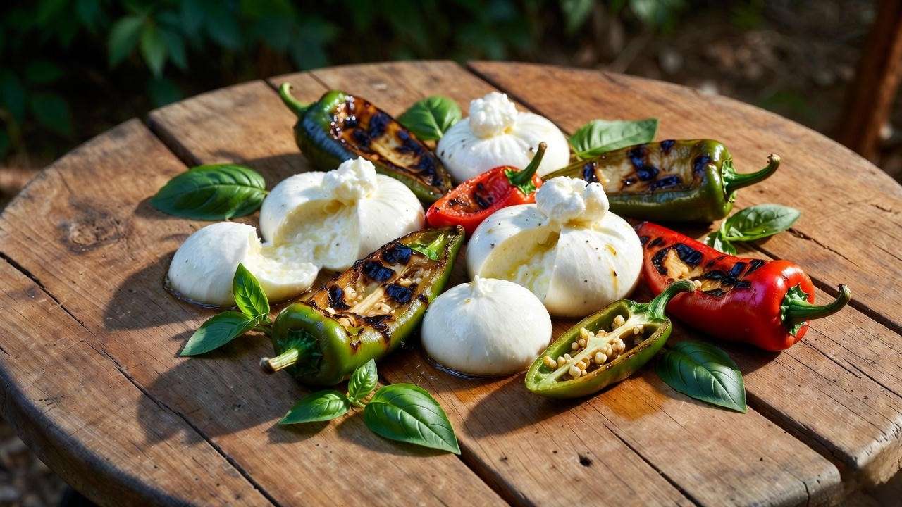 Grilled Giant Marconi sweet peppers served with burrata and basil – perfect summer recipe