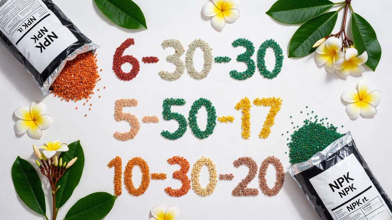 Visual comparison of ideal high-phosphorus NPK ratios for plumeria flowering