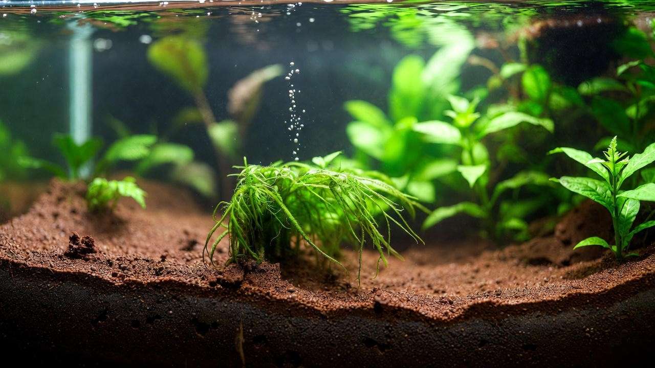 Close-up of nutrient-rich aquatic plant soil (aquasoil) with strong plant roots in a thriving aquarium setup.