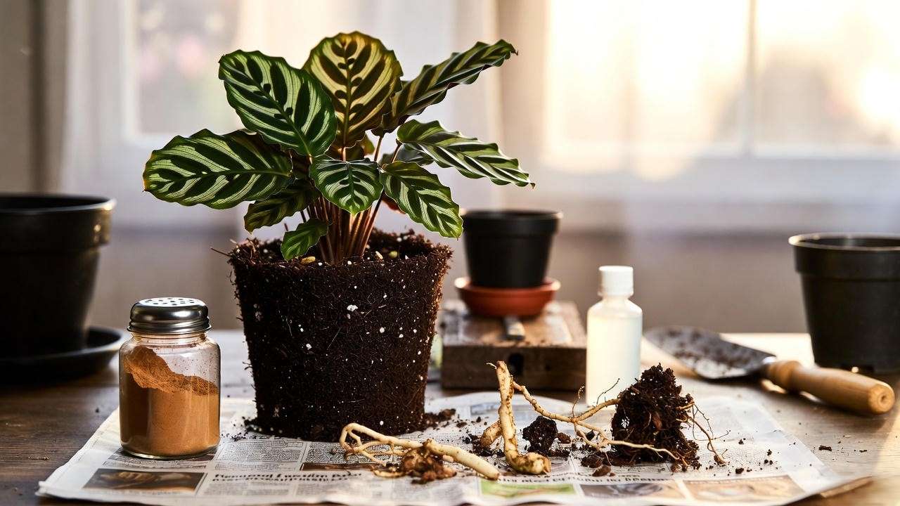 Emergency repotting curly leaf plant with root rot using fresh airy soil mix and cinnamon