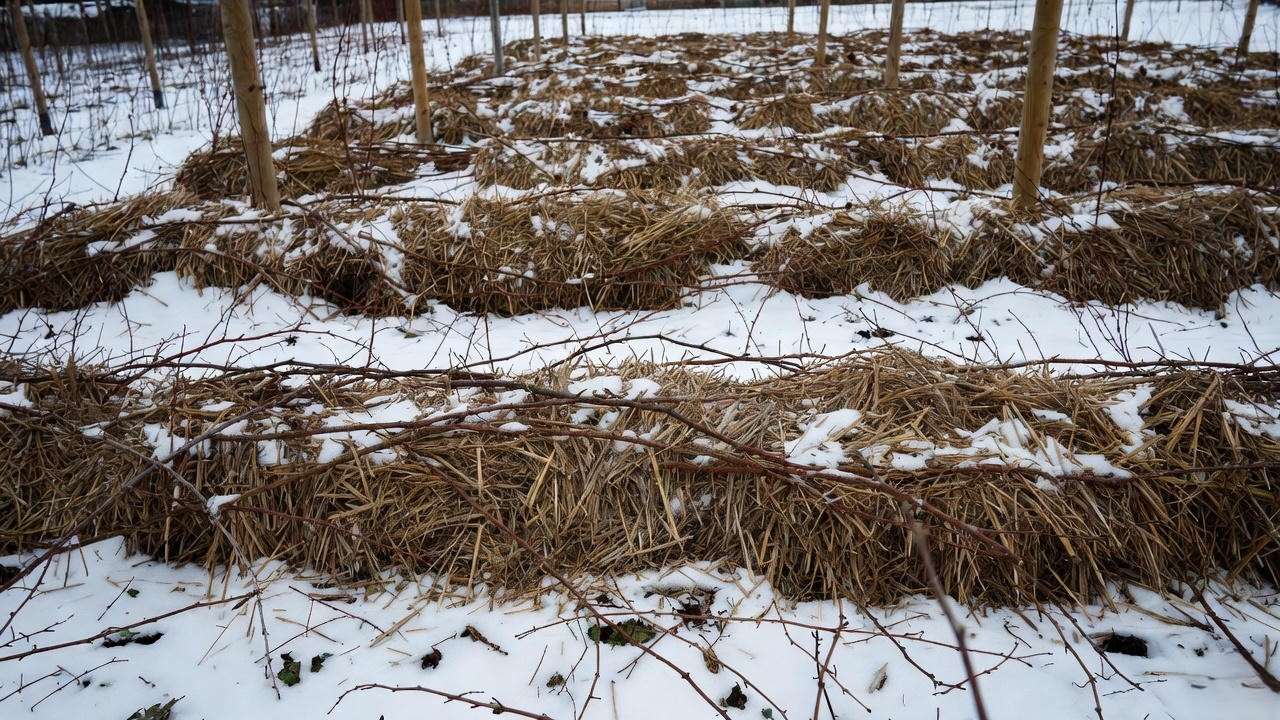 Heritage raspberry canes laid down and mulched with straw for winter protection in Zone 4–5