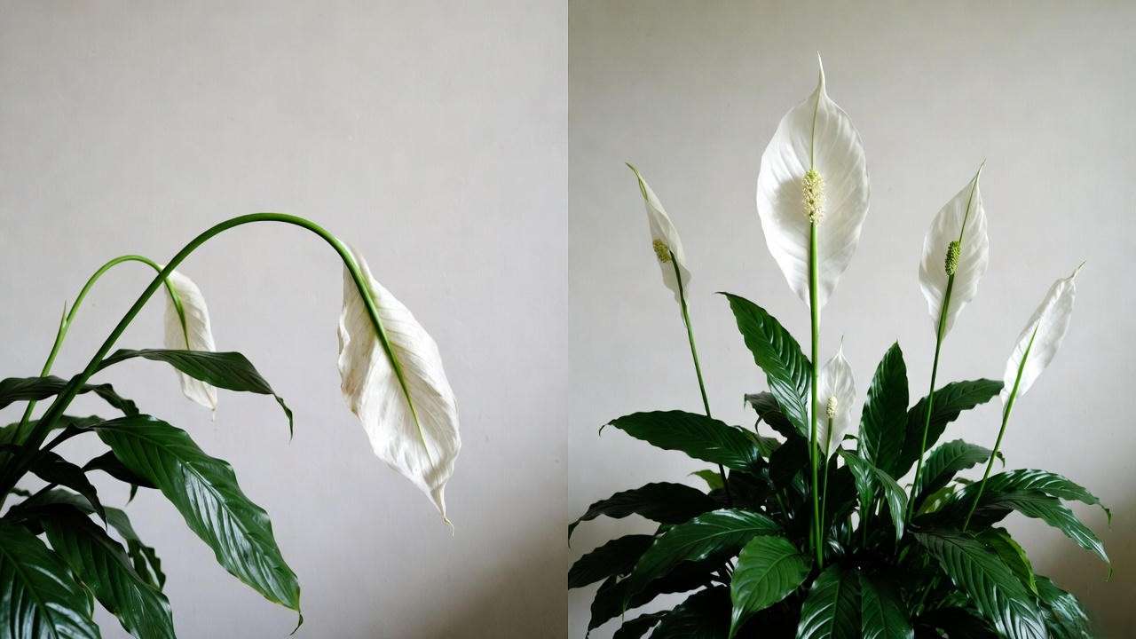 Peace Lily housewarming plant showing dramatic droop-to-perk recovery – easiest care reminder