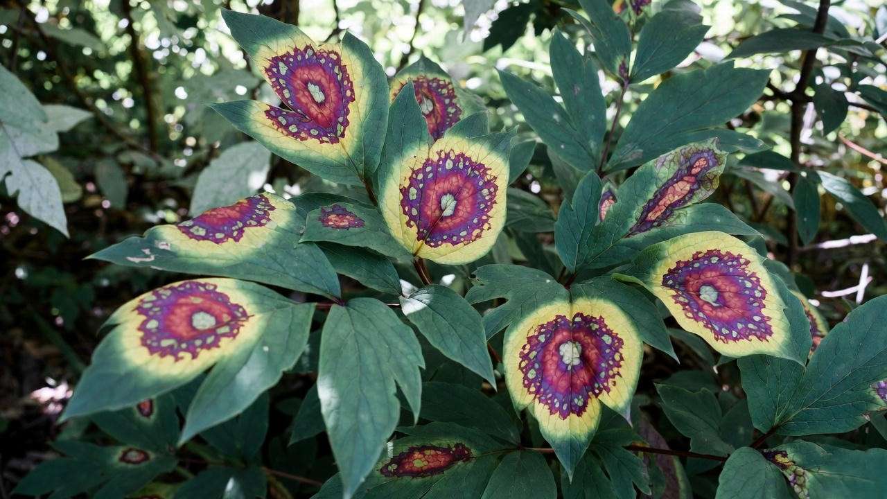 Peony measles virus symptoms – red purple rings and yellow halos on leaves