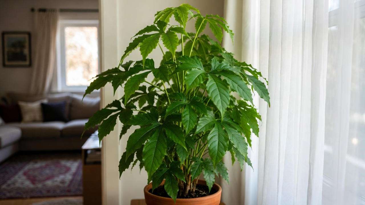 Olympia False Aralia plant receiving ideal bright indirect light from east window with sheer curtains